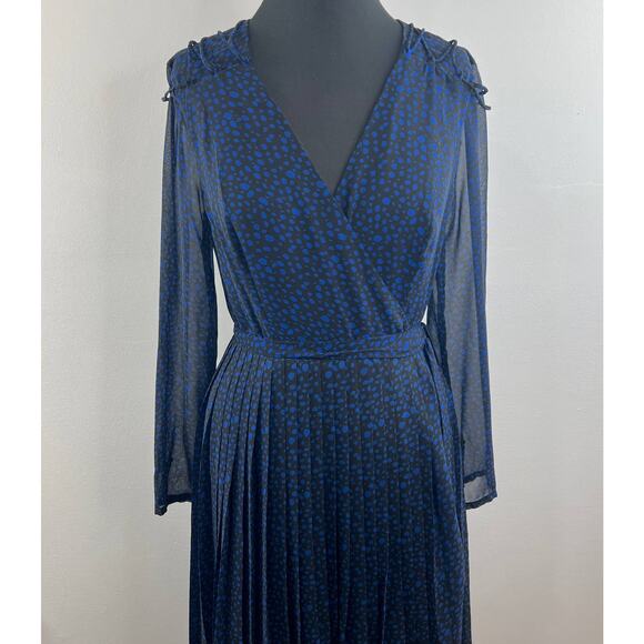 Fame and Partners Joslyn Blue Black Stone Dot Chiffon V-Neck Waist Maxi Dress 8 - Picture 4 of 12